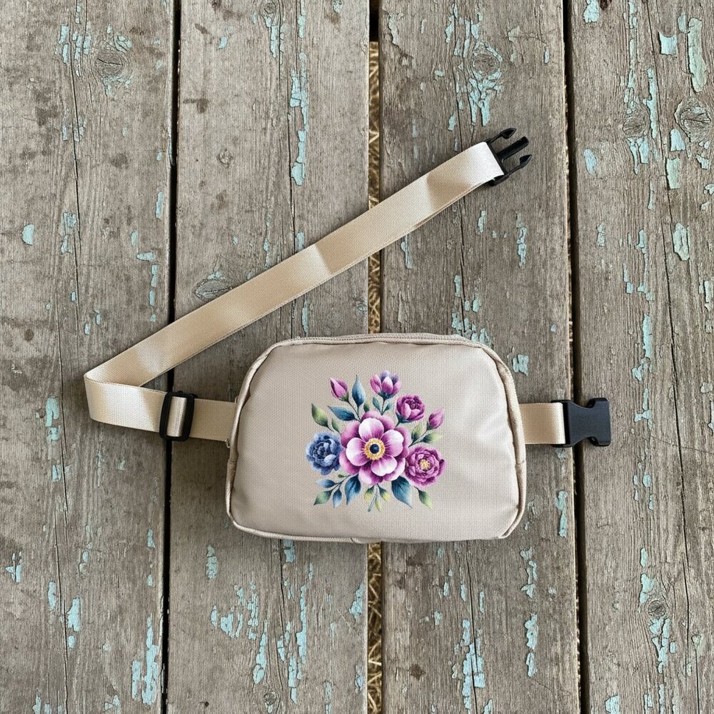 Beige Floral Print Crossbody Fanny Pack – Adjustable Waist Bag for Everyday